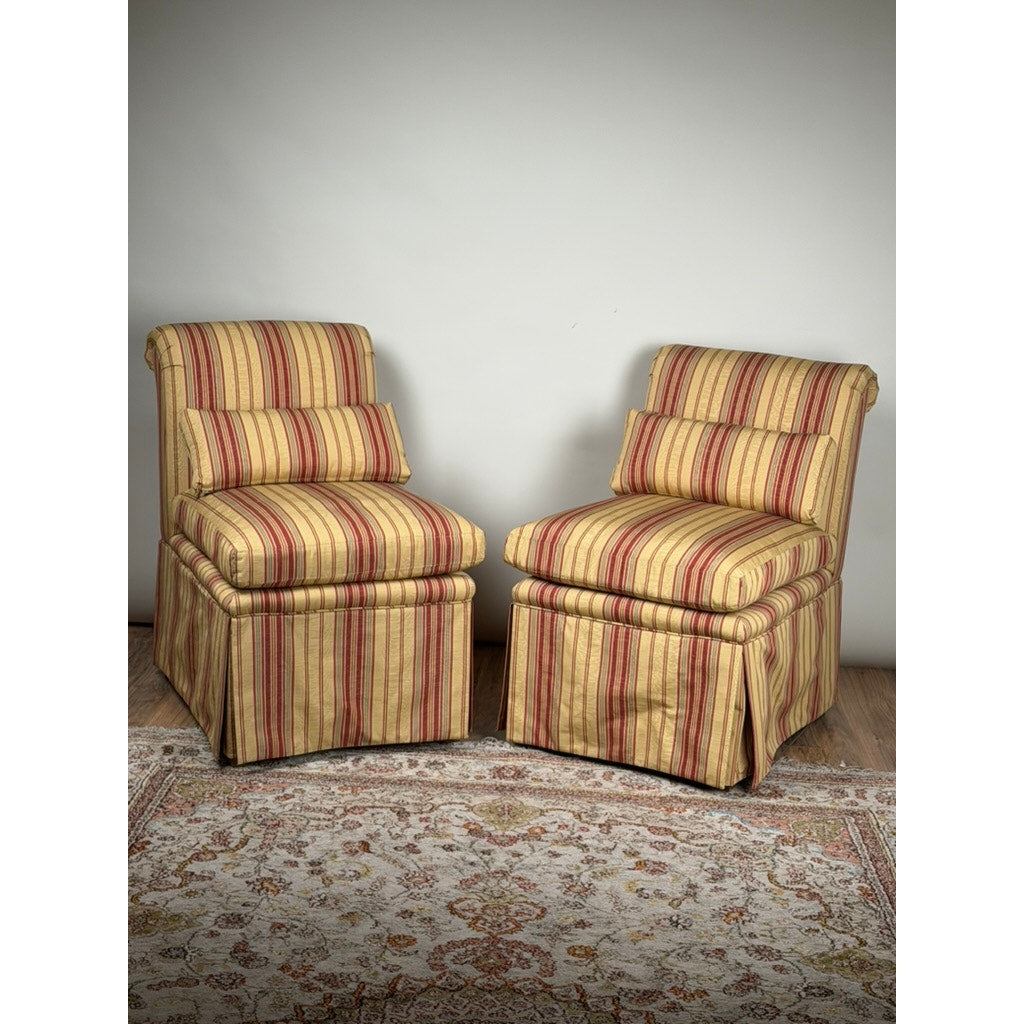 Pair of Upholstered Striped Slipper Chairs with Lumbar Pillows