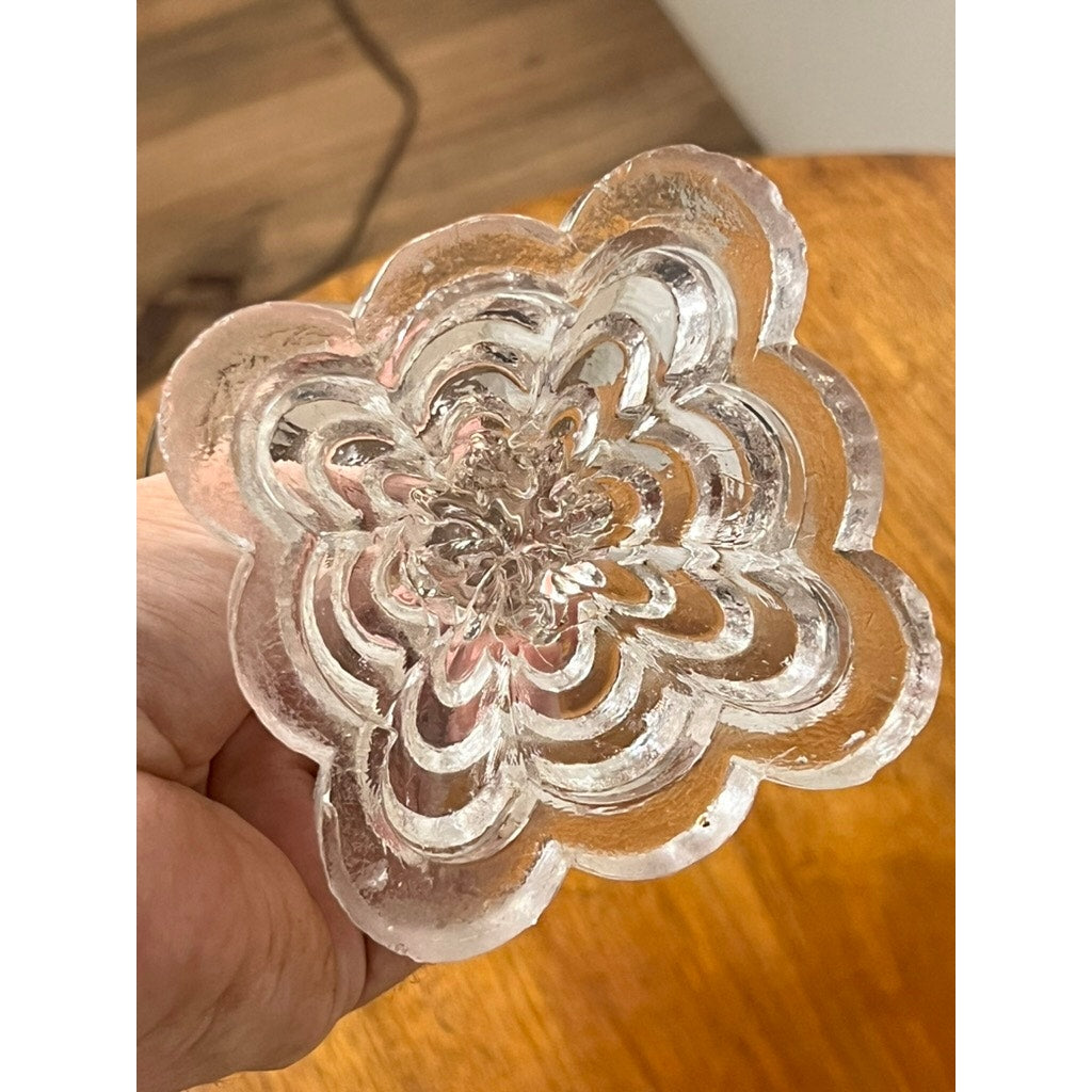A hand holds a clear, flower-shaped glass object featuring layered, petal-like patterns reminiscent of a pressed glass base. Resting on a wooden surface with part of the floor visible in the background, this piece evokes the delicate craftsmanship of mid-19th century lighting, closely resembling an Attributed Boston & Sandwich Pressed Glass Boudoir Fluid Lamp from around 1850.