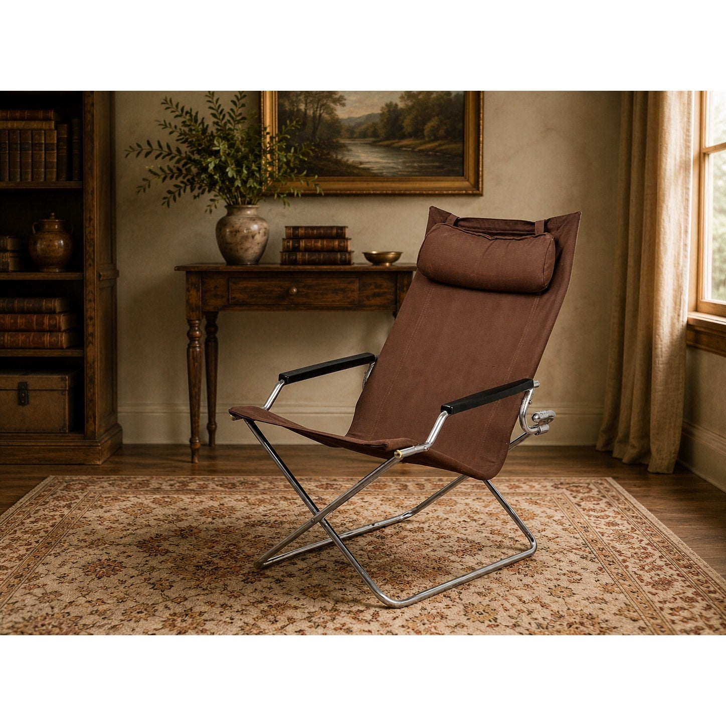 A Vintage Uchida Z Chair Japanese Modern Chrome Sling Lounge Chair with Headrest by Uchida, featuring a rich brown upholstery and a sleek cantilevered chrome frame, sits atop a patterned rug in a cozy room adorned with a wooden table, bookshelves, and framed landscape art in the background.