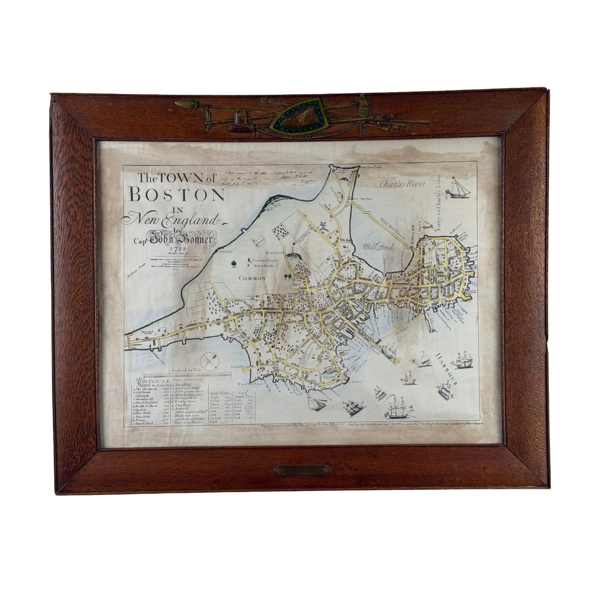 John Bonner “The Town of Boston” Map, After the 1835 George G. Smith Edition, Antique Oak Frame