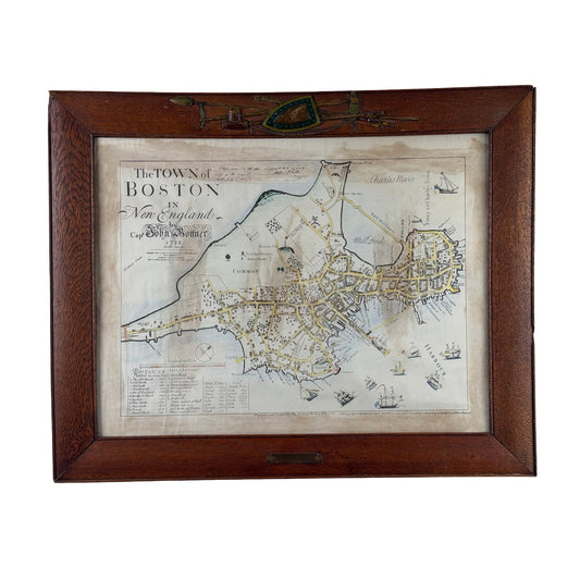 Experience the storied past of colonial Boston with the Pearl City Antiques John Bonner “The Town of Boston” Map, modeled after the 1835 George G. Smith edition. Featuring detailed streets, landmarks, and water features, this vintage map is elegantly presented in an antique oak frame with decorative carved nautical motifs—a timeless homage to Boston’s historic charm.