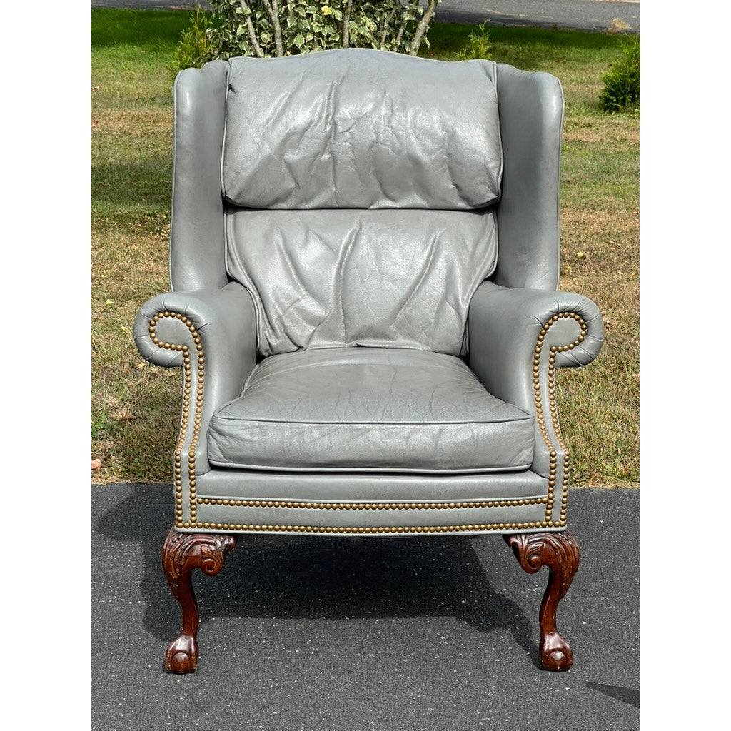 Vintage Grey Leather Chippendale Style Wingback Chair by Fairington