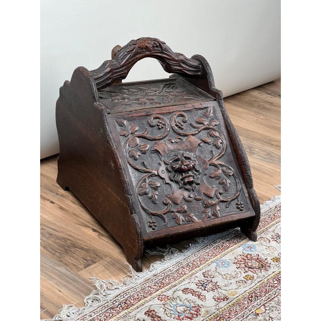 Antique Carved English Oak Coal Scuttle with Liner and Shovel c. 1820