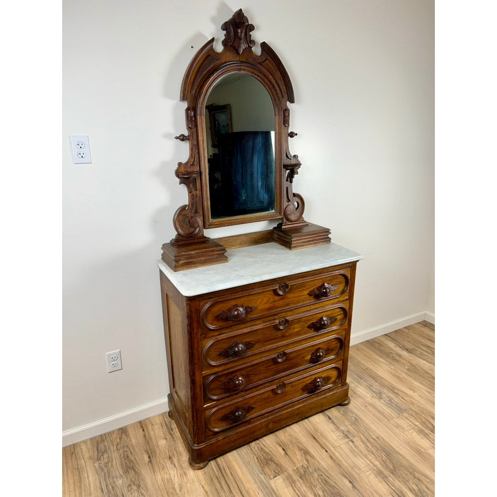 Antique Victorian Chestnut Four Drawer Marble Top Dresser c. 1900