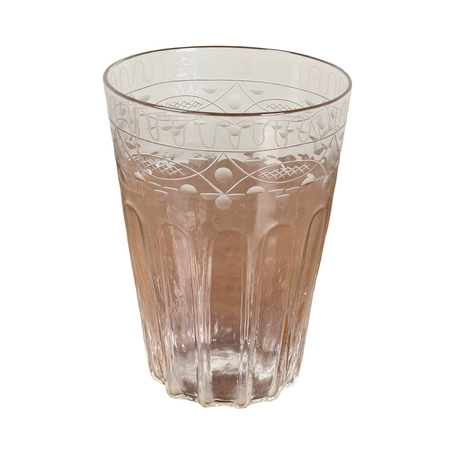 An Attributed Boston & Sandwich wheel-engraved mold-blown glass table vase, circa 1845–1860, filled with water is displayed against a white background; its intricate Victorian-era pattern evokes the artistry of antique glasswork.