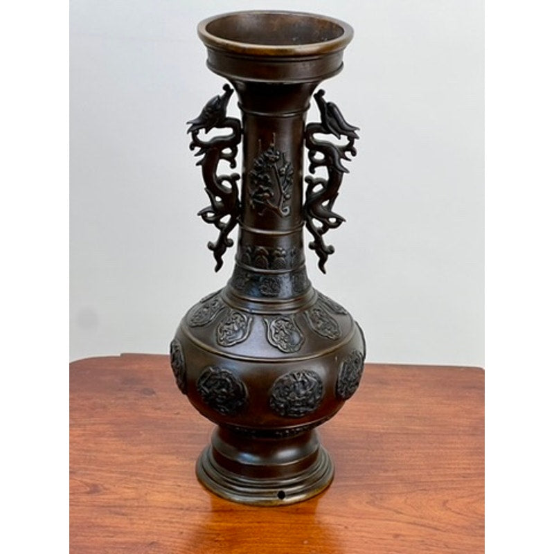 Antique Chinese Patinated Bronze Vase with Dragon Handles and Medallions