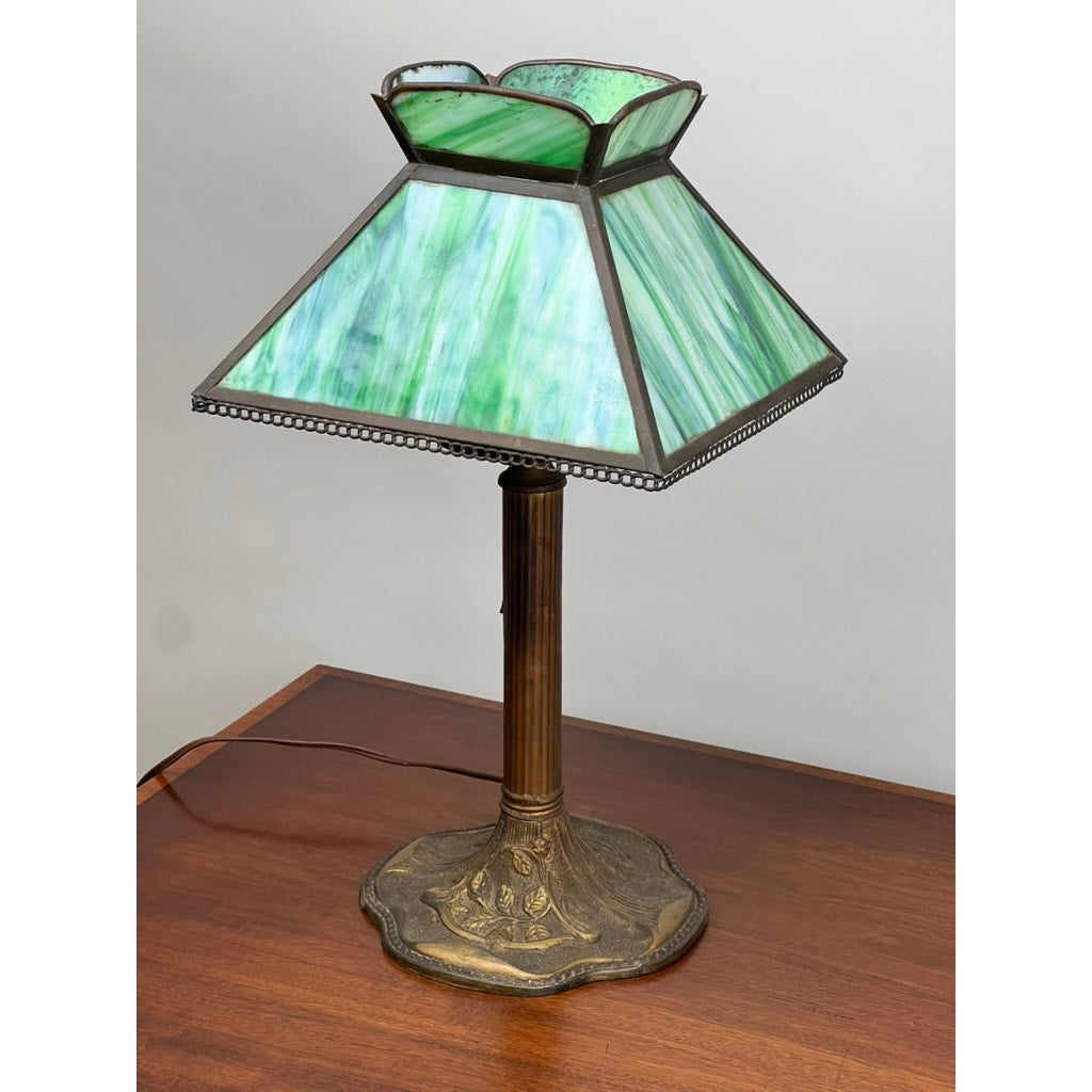 Antique Arts and Crafts Green Slag Glass Lamp c. 1920s