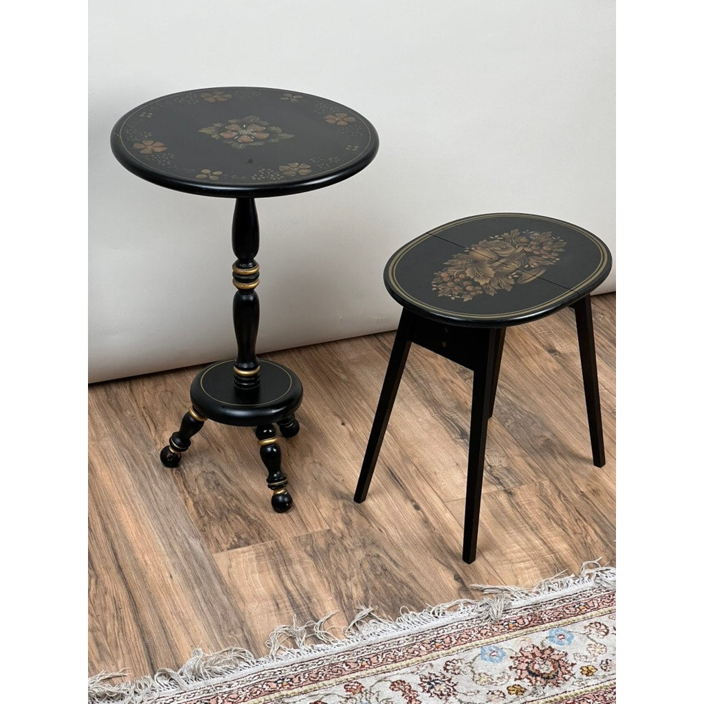 Vintage Pair Monochrome Stenciled Accessory Tables, One Signed Hitchcock