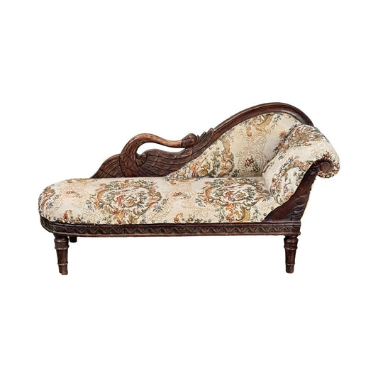 The Vintage Victorian Fainting Couch Style Dog Bed features a dark carved wood frame, floral tapestry upholstery, and a curved armrest with scroll detail—ideal as a unique Victorian dog bed. Brand: None/Unknown.