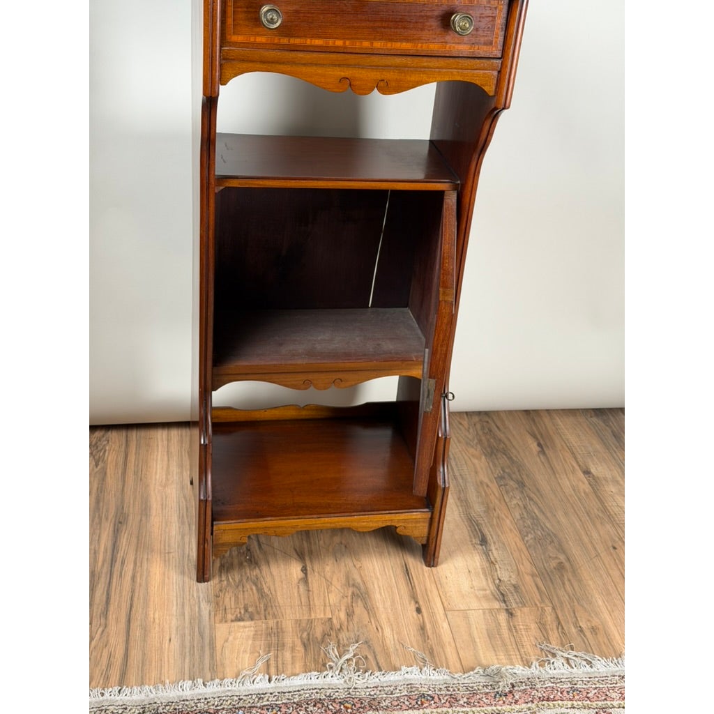 Antique English Mahogany Inlaid Shaving Stand with Adjustable Mirror, featuring a drawer, open shelving, and a small cupboard door.