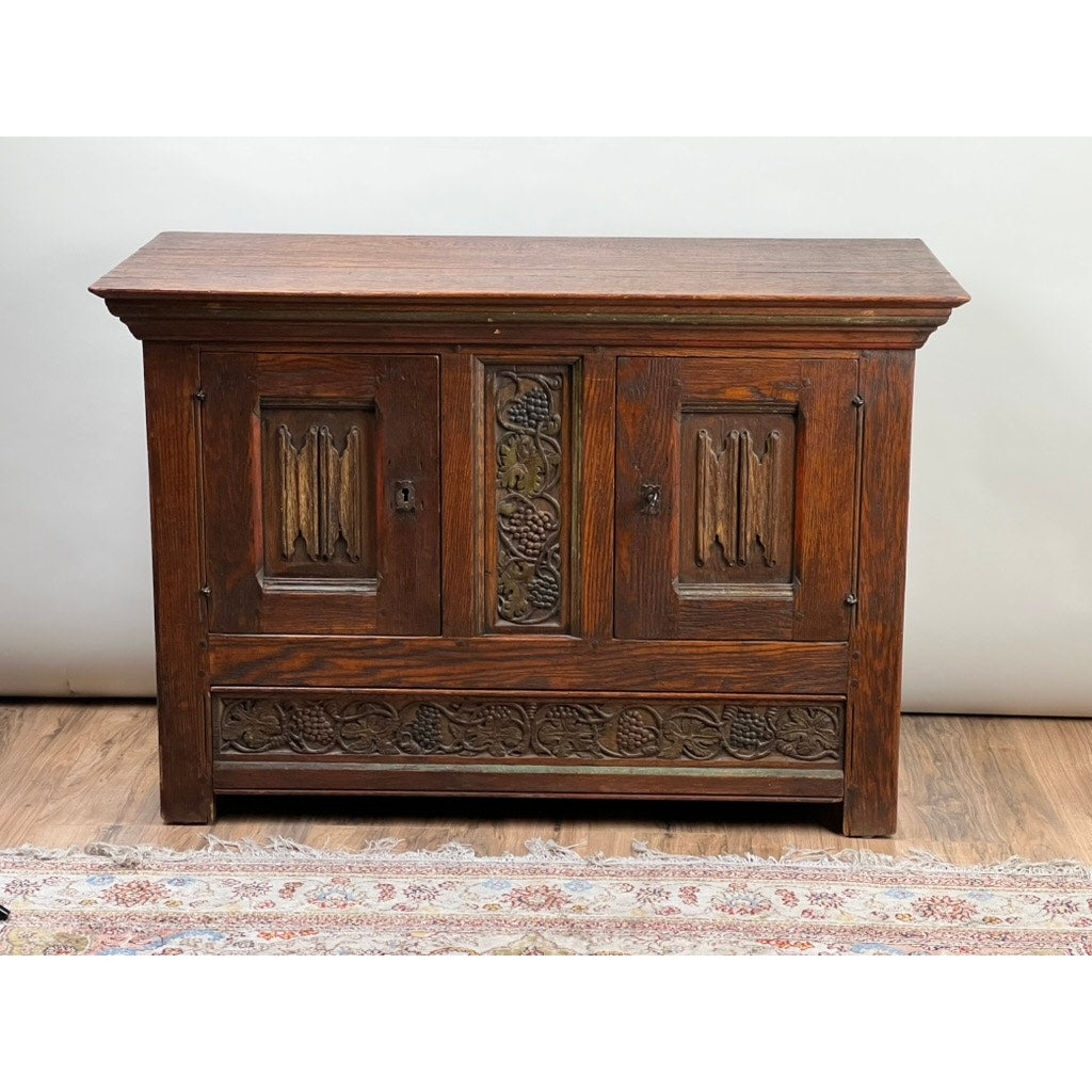 Antique English Oak Court Cabinet with Linen Fold Carved Panels from St. Joseph’s Abby