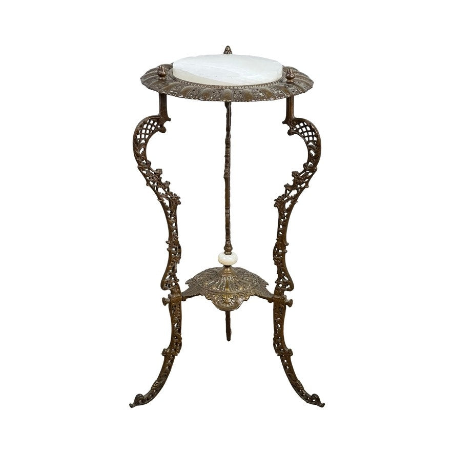 Antique Victorian Bronze and Onyx Stand, late 19th century, features ornate bronze details, three curved legs, a round white onyx top, and a matching onyx shelf. Brand unknown.