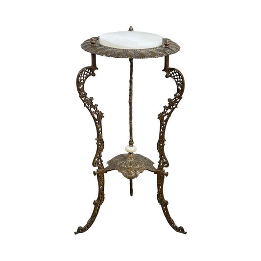 Antique Victorian Bronze and Onyx Stand, late 19th century, features ornate bronze details, three curved legs, a round white onyx top, and a matching onyx shelf. Brand unknown.