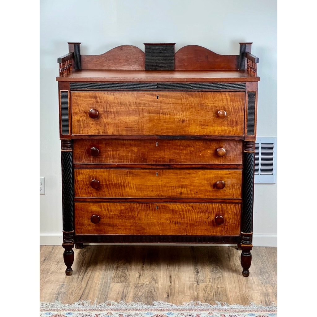 Antique Late Federal Tiger Maple and Cherry Four Drawer Chest c. 1840