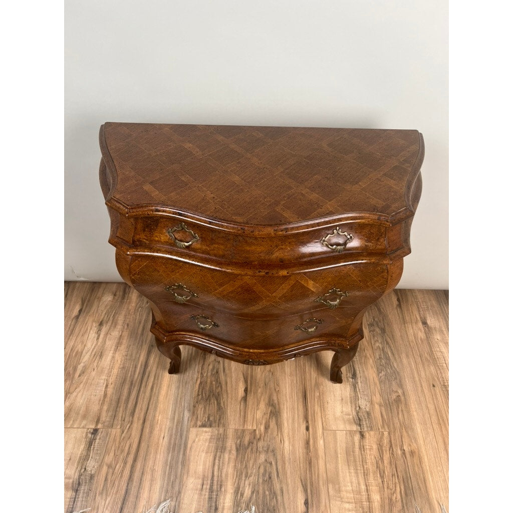 Vintage French Louis XVI Style Walnut Parquet Bombe Chest