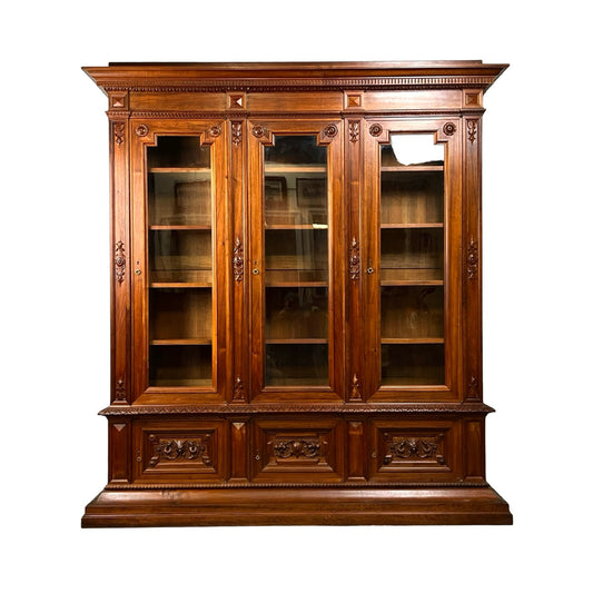 Antique Monumental French Renaissance Revival Solid Walnut Glass Door Bookcase c. Early 20th C.