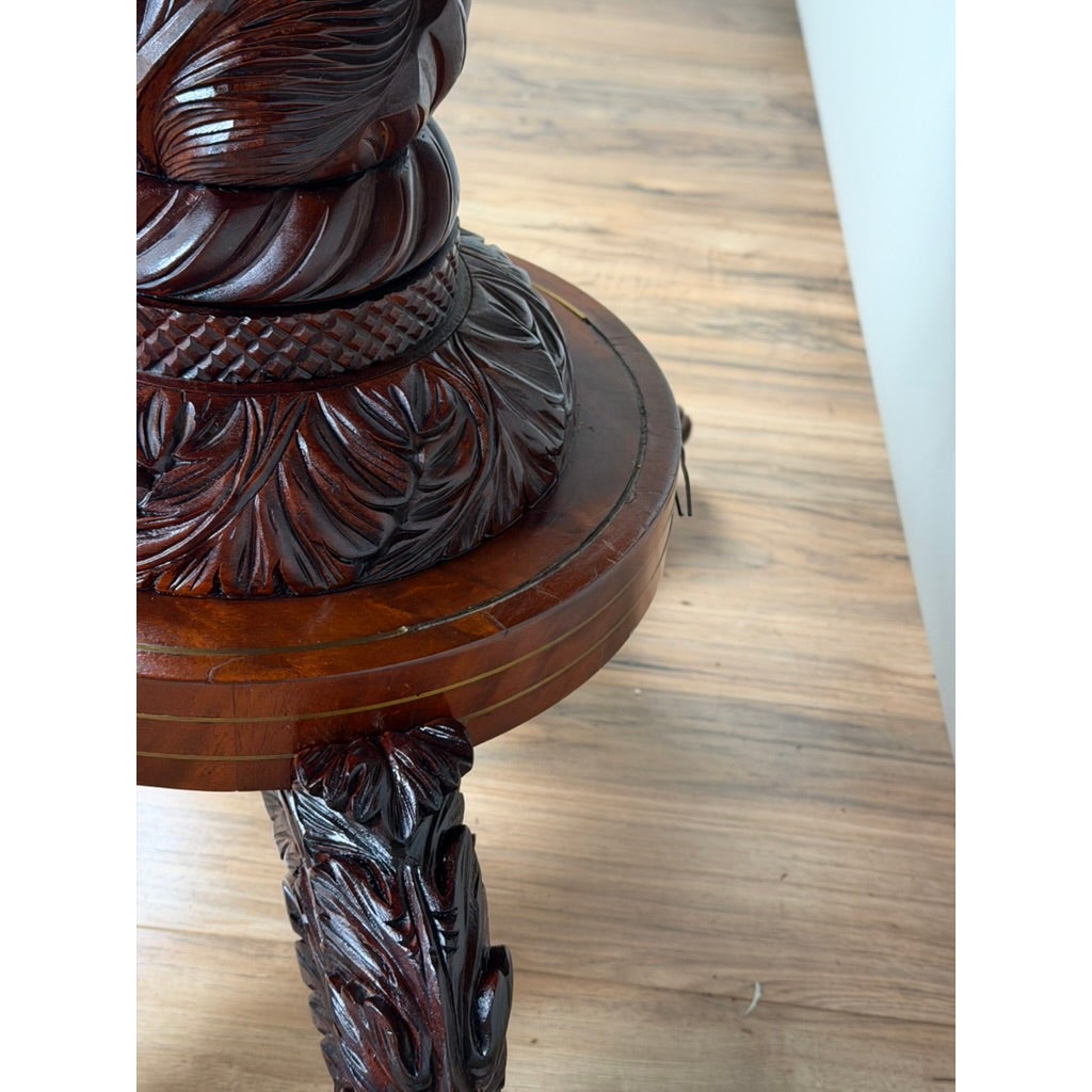 Close-up of the American Classical Carved Mahogany Dressing Table with Original Mirror, featuring a central pedestal with acanthus leaf detailing and a single curved, carved leg.