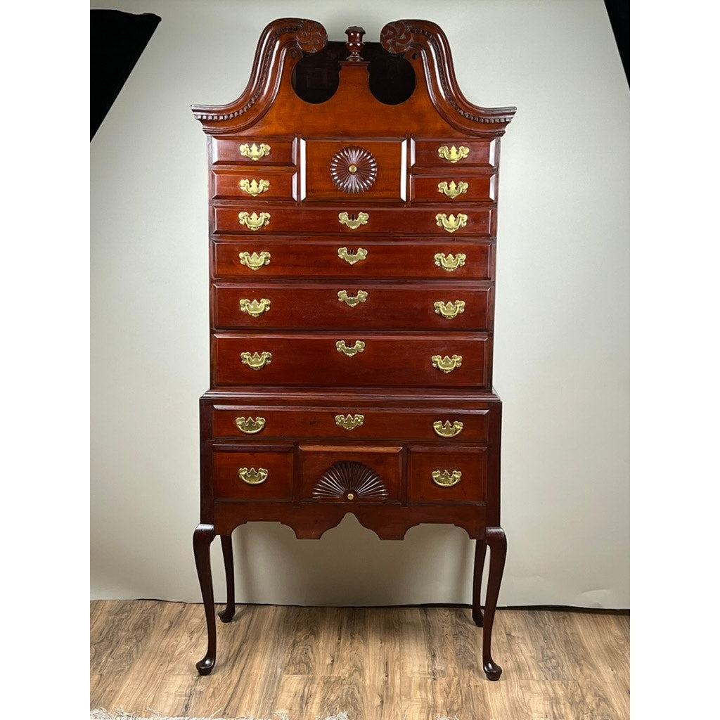 Antique Chippendale Cherry Highboy with Broken Swans Neck Pediment c. Late 18th Century