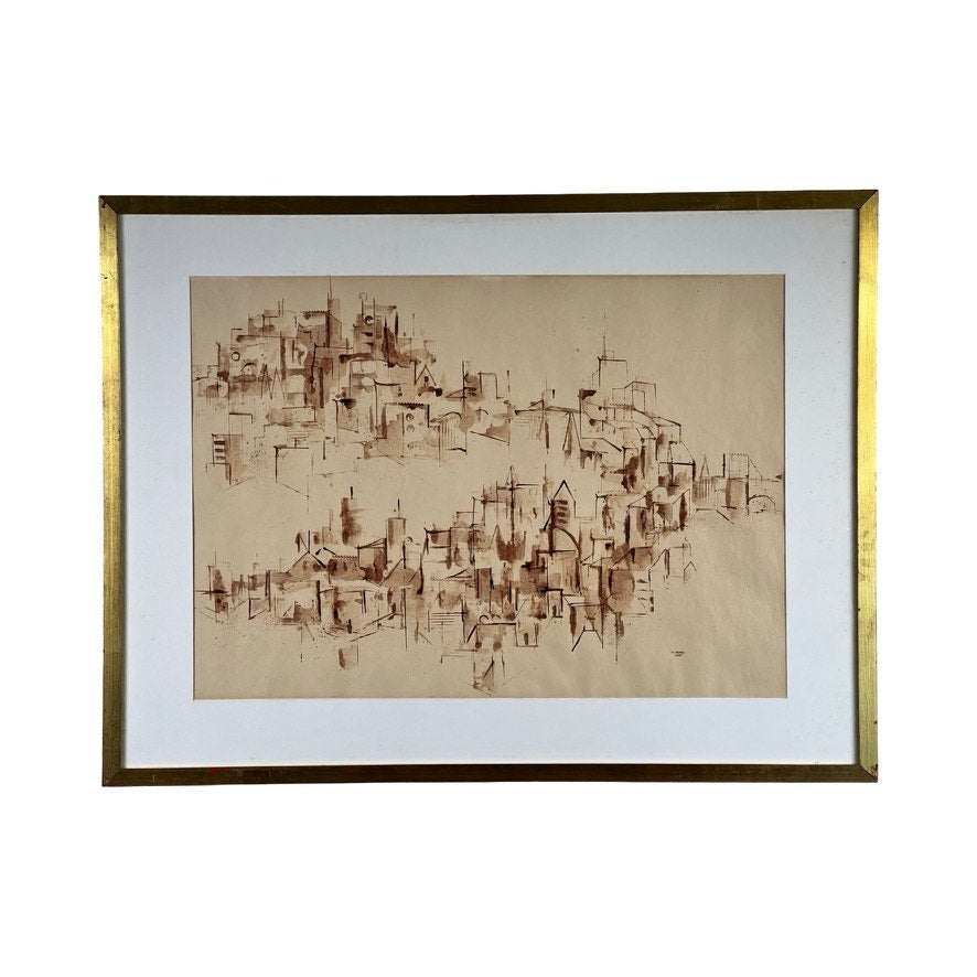 Walter Kamys “Assissi” (1955), signed ink on paper with gallery label en verso, features abstract geometric cityscape forms in sepia on beige, presented in a white mat and gold-edged frame. Brand: unknown.