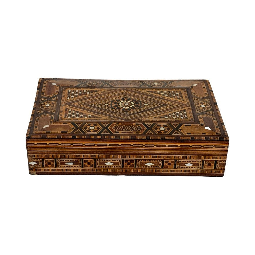 An Antique Persian (likely Syrian) Khatam wood inlaid jewelry box, early 20th century, features a detailed geometric pattern in brown and beige on the lid and sides, displayed against a plain white background. Brand: Unknown.
