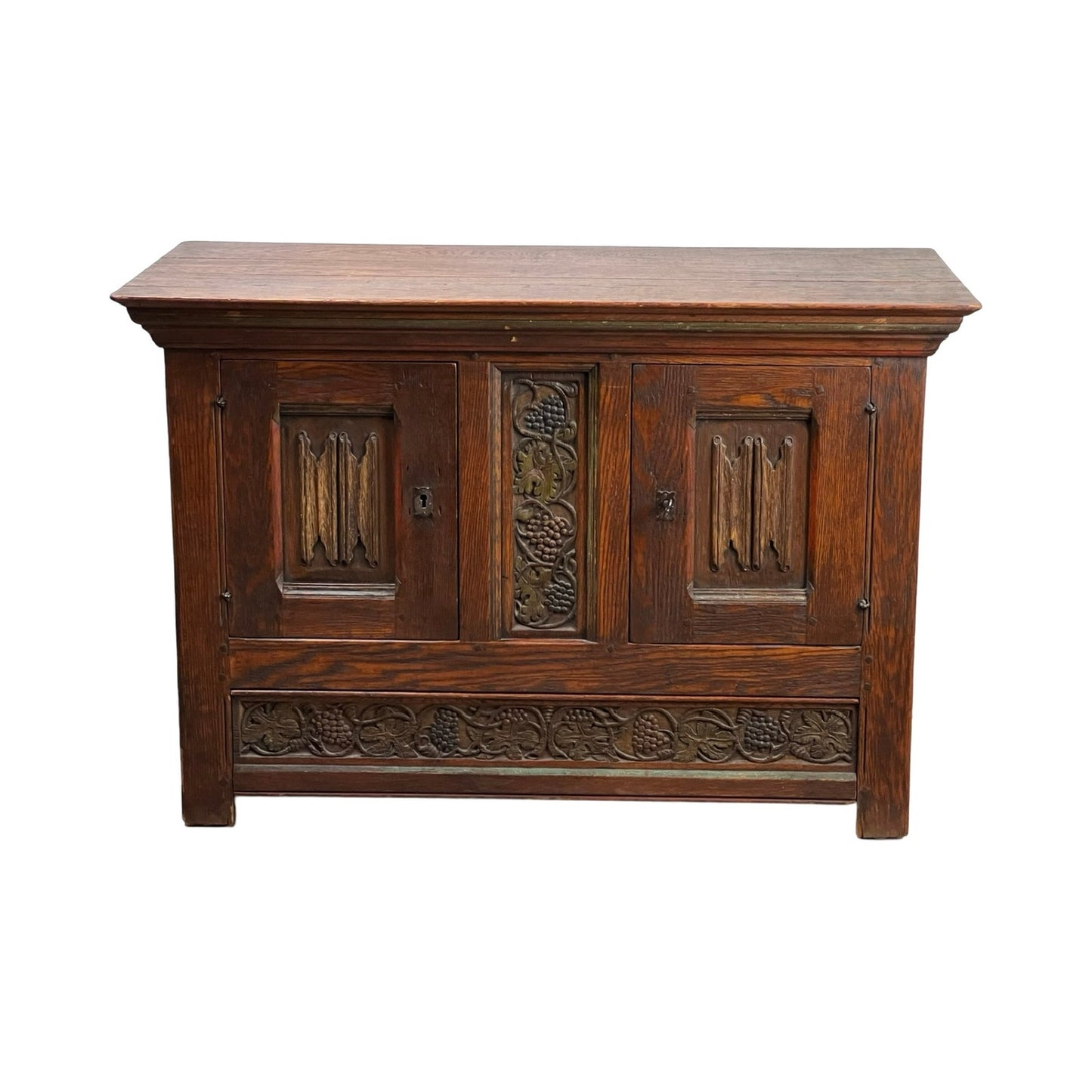 Antique English Oak Court Cabinet with Linen Fold Carved Panels from St. Joseph’s Abby