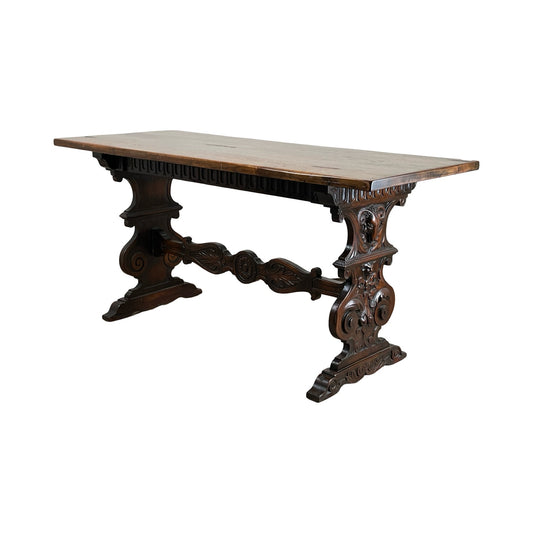 Antique Italian Renaissance Revival Walnut Trestle Console Table c. Late 19th Century