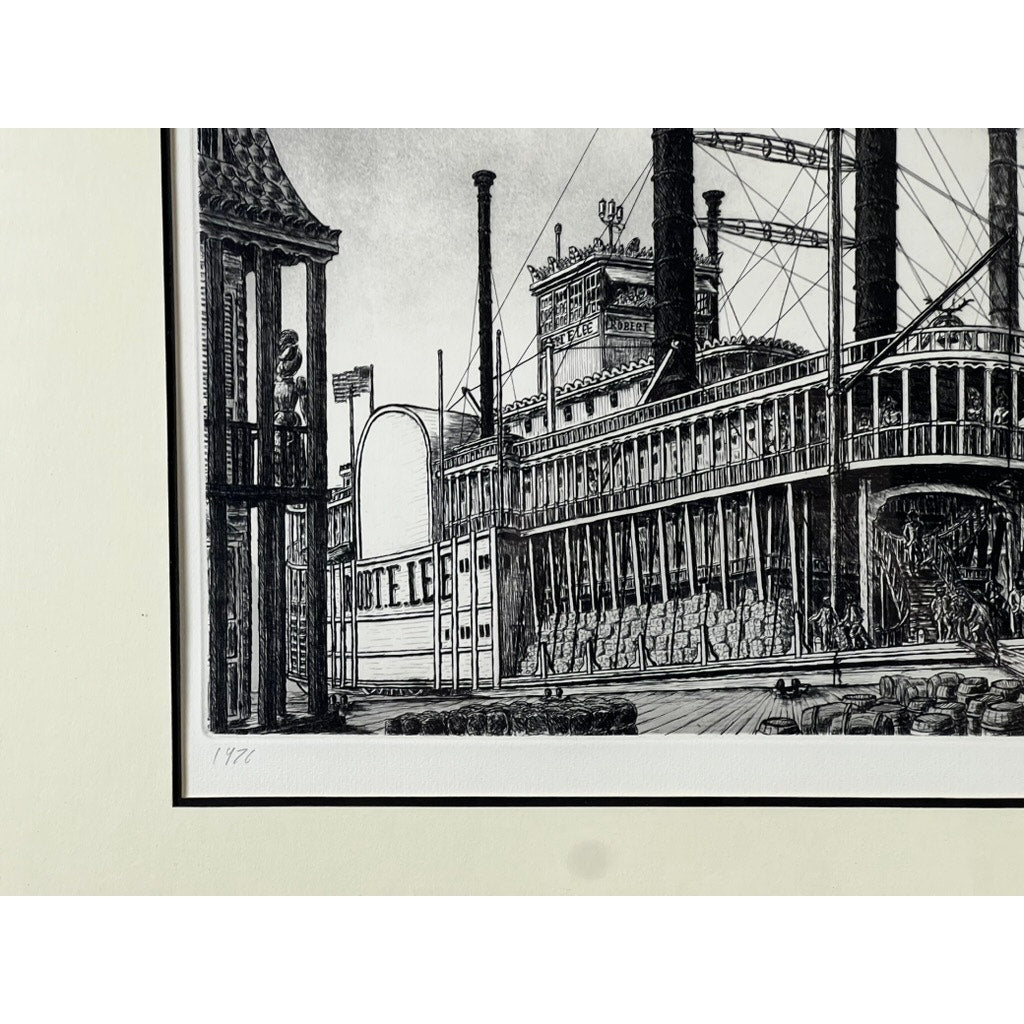 A framed etching titled “Steamboat Robert E. Lee” by Alan Jay Gaines, featuring a detailed depiction of the historic steamboat.