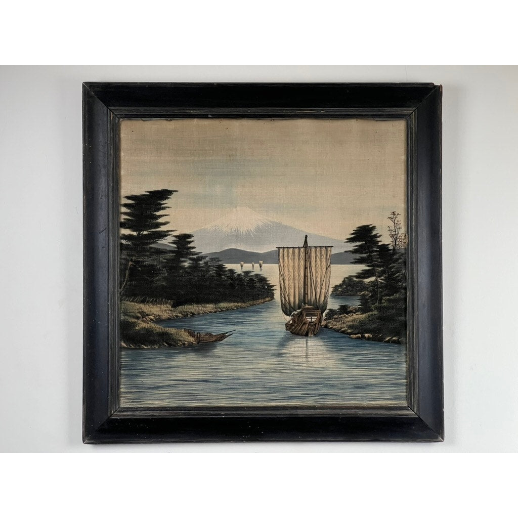 Japanese Meiji Period Embroidered Painting, attributed to Nishimura Sozaemon of Kyoto, features a tranquil river with sailboat and rowboat, bordered by tall trees and distant snow-capped mountains beneath a pale sky.