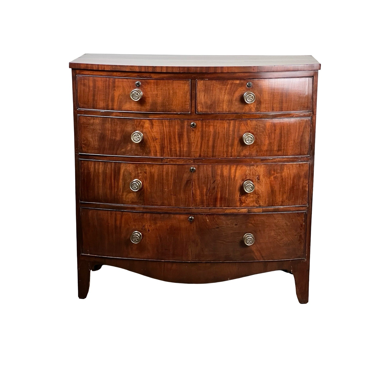The Antique George III Mahogany Bowfront Chest on French Feet, c. late 18th century, features a curved front, four large and two small upper drawers with round metal handles, and stands on four short French feet.