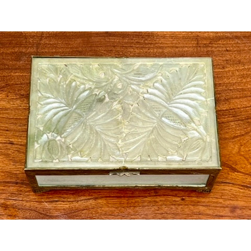 Antique Chinese Brass Bound Jade and Frosted Glass Dresser Box