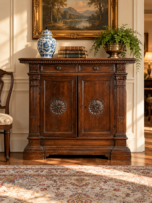 An Antique Late 17th/Early 18th Century Italian Renaissance Walnut Credenza of dark wood with two drawers, two paneled doors with carved rosettes, and fluted columns, topped by a blue and white jar, books, and a fern beneath a landscape painting.