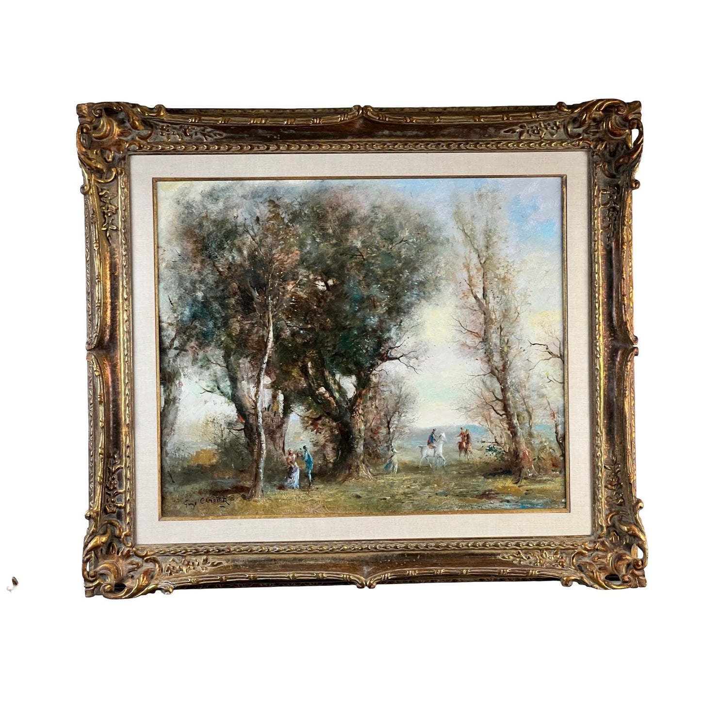 Vintage Guy Cambier Belgian Romantic Landscape Oil Painting with Horsemen, c. 1960–1980, features riders in a lush landscape beneath a partly cloudy sky, presented in an ornate gold frame. Brand: None and/or Unknown.