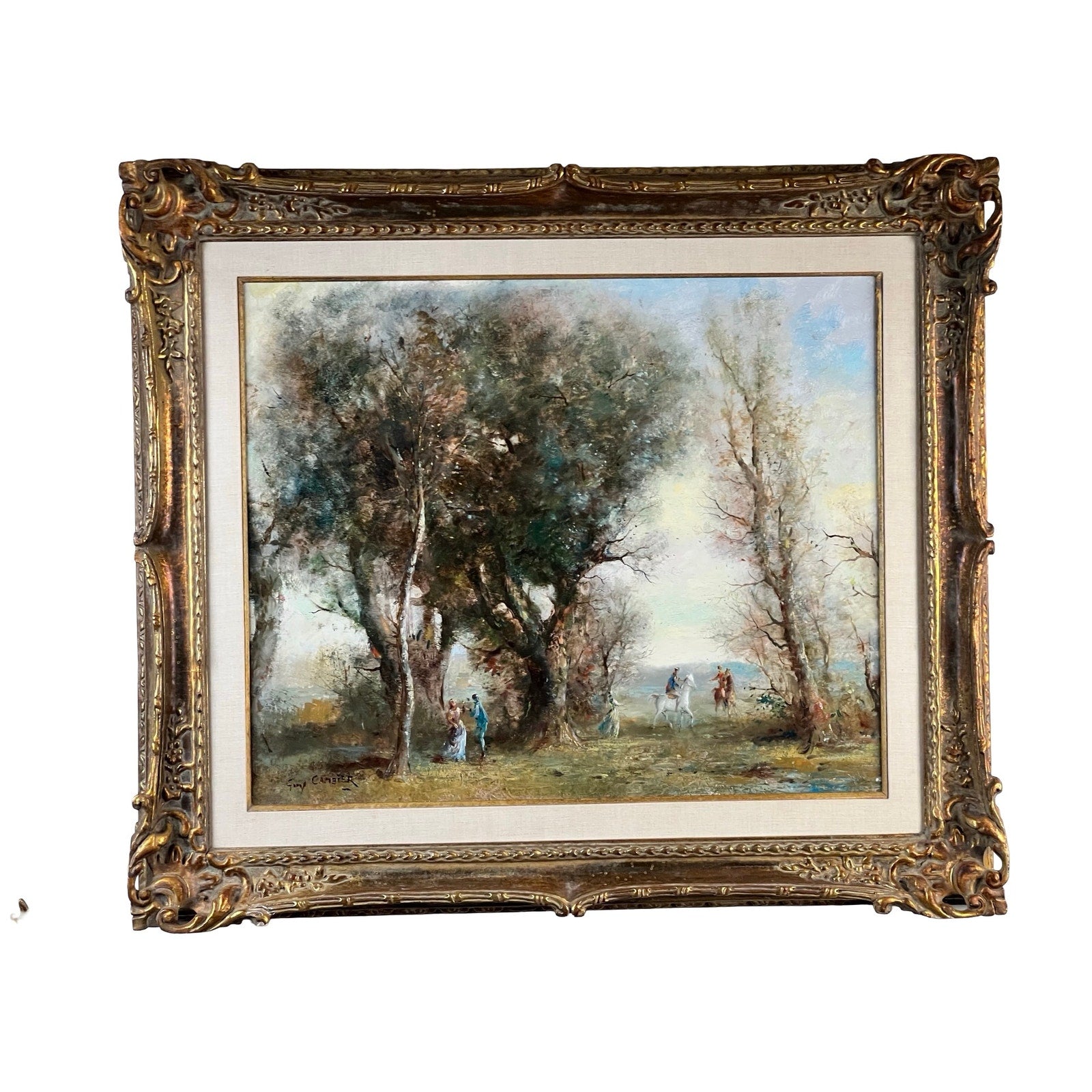 Vintage Guy Cambier Belgian Romantic Landscape Oil Painting with Horsemen, c. 1960–1980, features riders in a lush landscape beneath a partly cloudy sky, presented in an ornate gold frame. Brand: None and/or Unknown.
