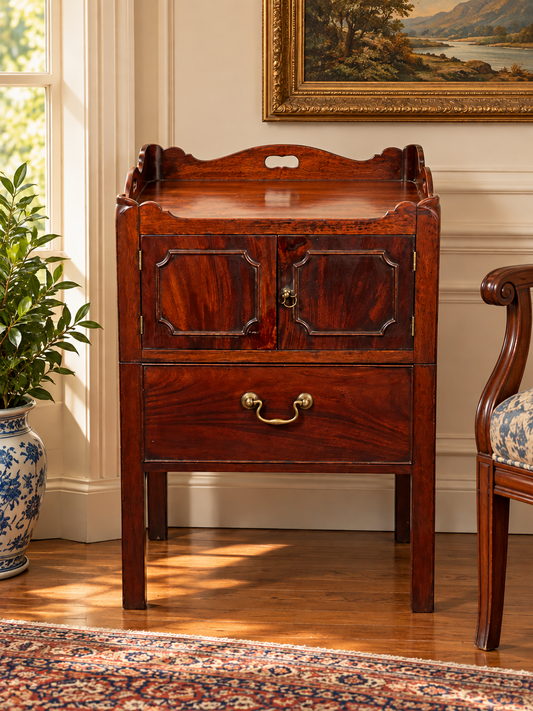 Antique George III Bedside Commode with Pull Out Leather Surface c. Late 18th Century in dark mahogany, featuring an upper cabinet section, a single drawer with a brass pull, and a decorative gallery top.