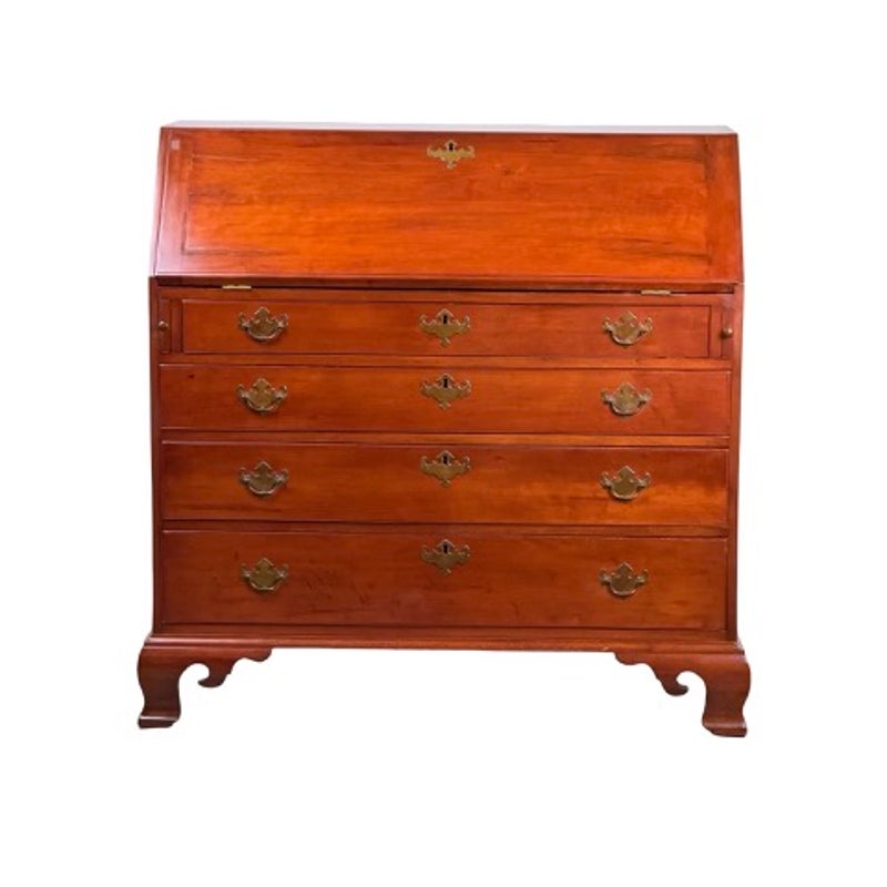 Chippendale Cherry Slant-Front Desk with Ogee Bracket Feet, Possibly Connecticut River Valley, circa 1770–1790, a cherry wood desk with four stacked drawers and brass hardware.