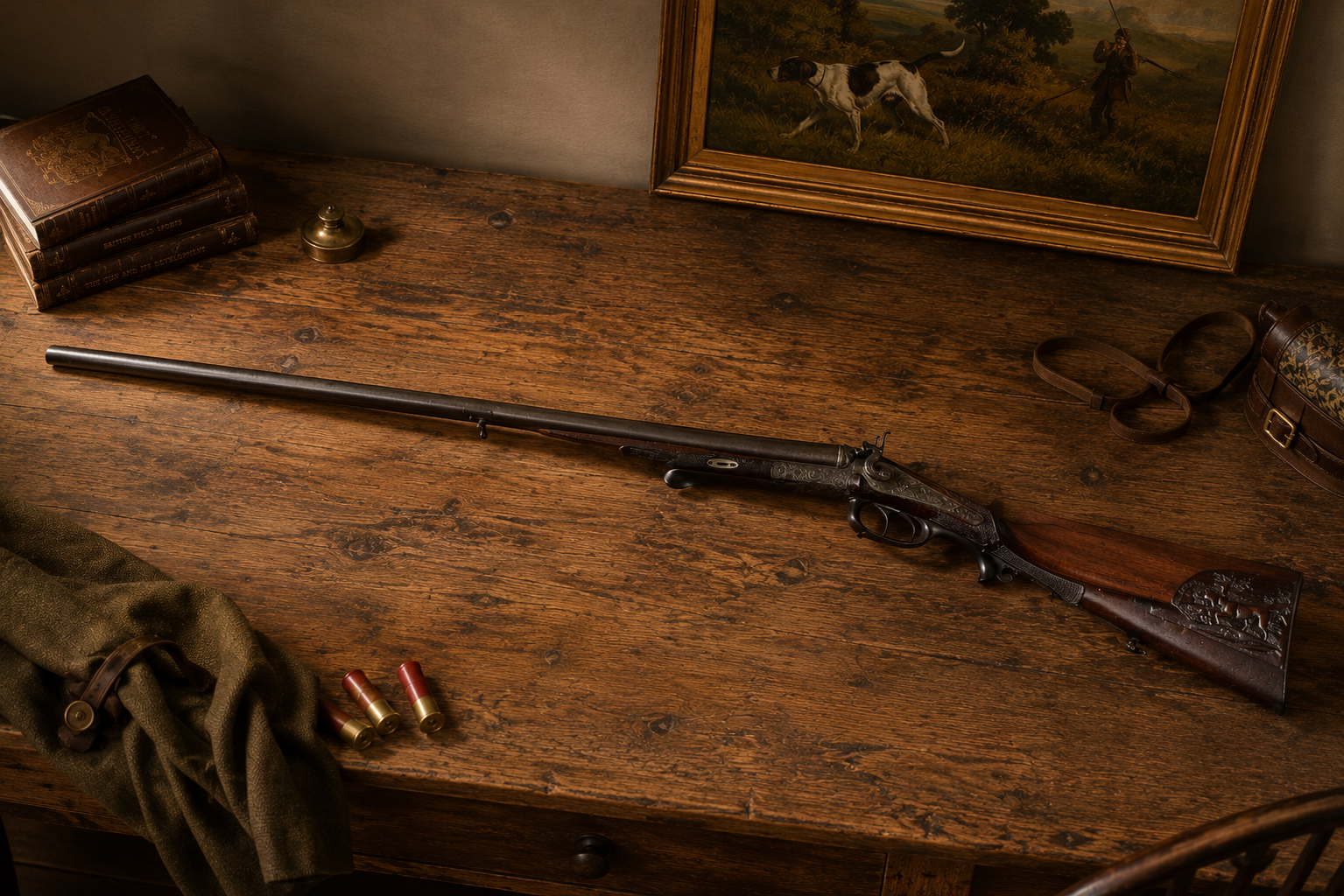 An Antique Christoph Funke Suhl German Damascus Double Barrel Hammer Shotgun, c. 1880—with a beautifully carved stock—rests atop a wooden desk, flanked by vintage shotgun shells. The scene is completed by old books, leather accessories, and a framed painting of a hunting dog in the background, capturing the timeless craftsmanship offered by Pearl City Antiques.