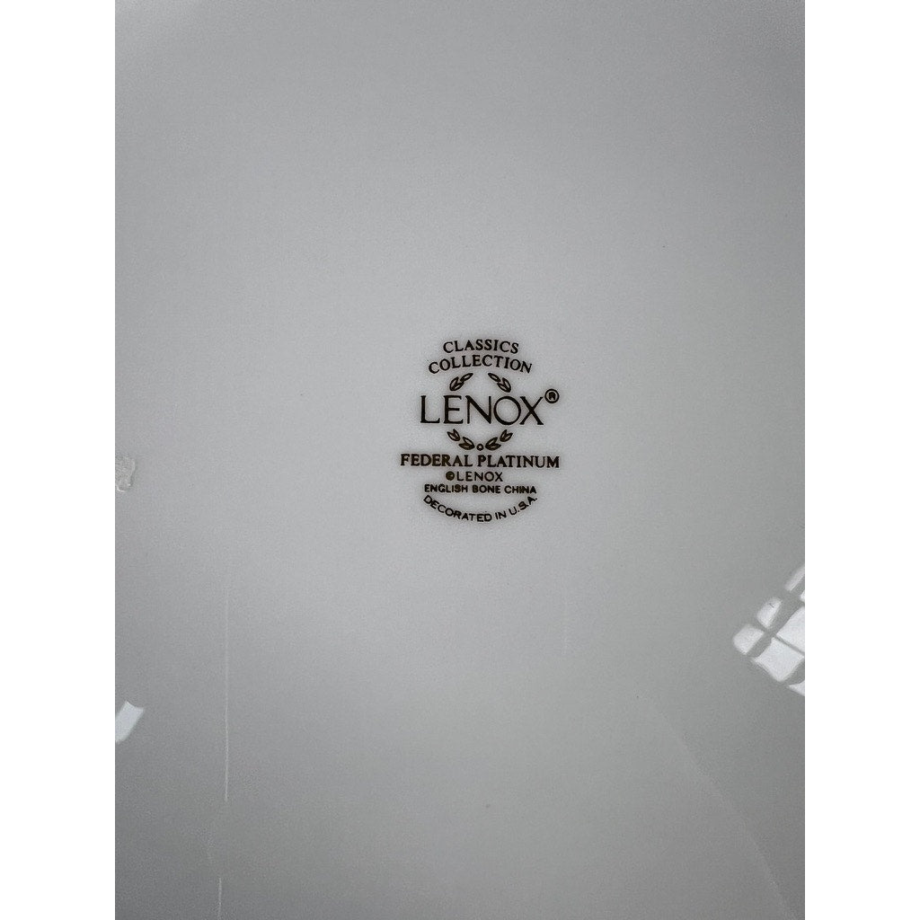 The backstamp on this Vintage Lenox Federal Platinum Fine English Bone China Service for Four reads: CLASSICS COLLECTION, LENOX, FINE CHINA, ENCORE BONE CHINA, DECORATED IN U.S.A. Light glare visible—timeless vintage tableware.