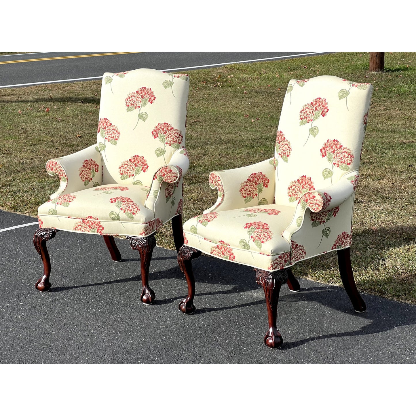 Vintage Pair of Hydrangea Chippendale Style Parlor Chairs