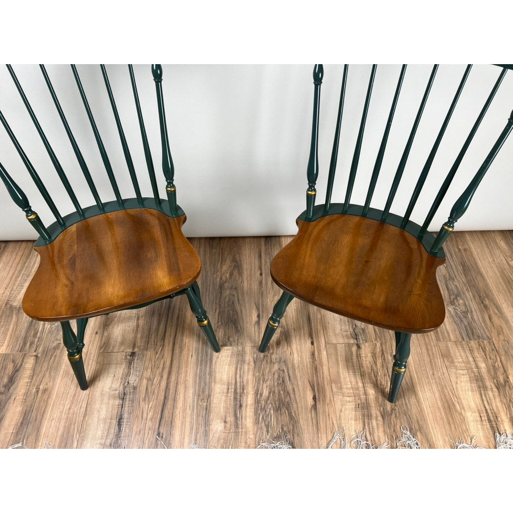 Green Hitchcock Windsor chairs with harvest maple seats vintage pair