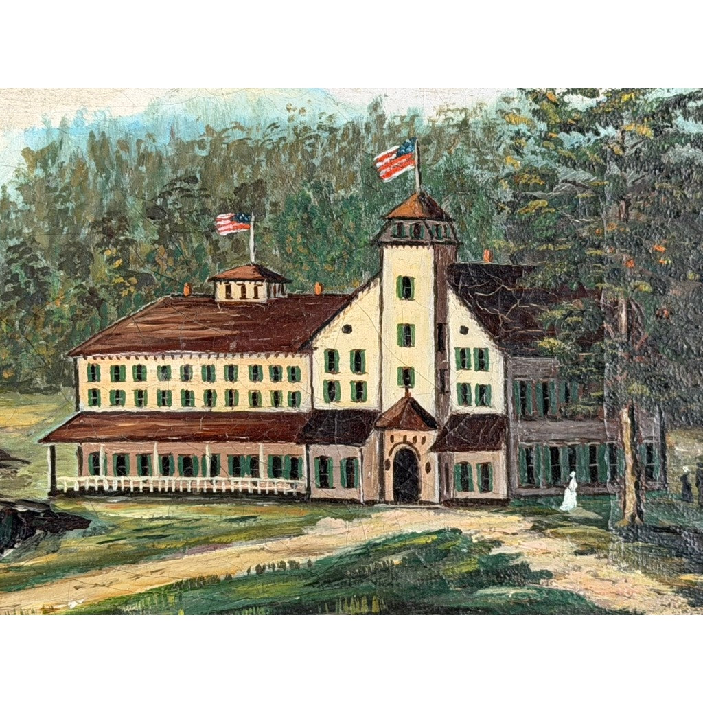 Experience the charm of 19th century American folk art with this oil landscape painting from Pearl City Antiques, titled “19th Century American Folk Art Adirondack or New England Resort Hotel Oil Painting.” The artwork depicts a grand historic resort hotel featuring a central tower, American flags atop the roof, and lush trees surrounding the building. A figure dressed in white stands near the entrance, all set on a sunny day—beautifully evoking the timeless spirit of classic Americana.