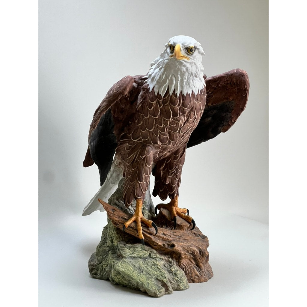Rare Kaiser Porcelain American Bald Eagle Sculpture, Limited Edition No. 12/200 (W. Germany), features a detailed eagle with brown wings, white head, and yellow beak and talons standing on a rock-like base.