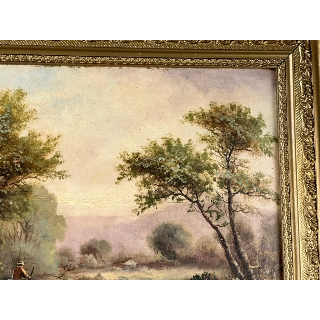 Close-up of "Spectacle Bridge," an early 20th-century oil on canvas by Arthur Davis. Tall trees, pastel sky, and distant houses are showcased in an ornate gold-toned frame with intricate detailing. Signed lower left. Brand unknown.