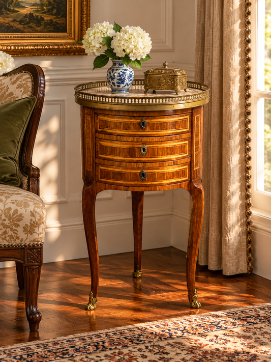 An Antique French Louis XV Kingwood Parquetry Chiffonière Table c. Late 18th Century with a marble top, brass gallery, and three curved drawers holding a blue and white vase with white flowers and a small decorative box.