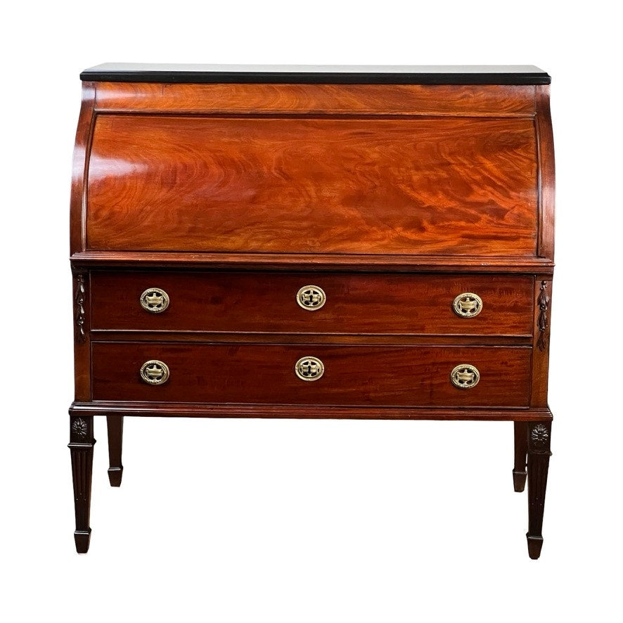 Antique Directoire style French cylinder desk from the late 19th century, featuring a slate top and decorative tapered legs. Brand unknown.