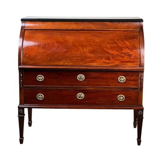 Antique Directoire style French cylinder desk from the late 19th century, featuring a slate top and decorative tapered legs. Brand unknown.