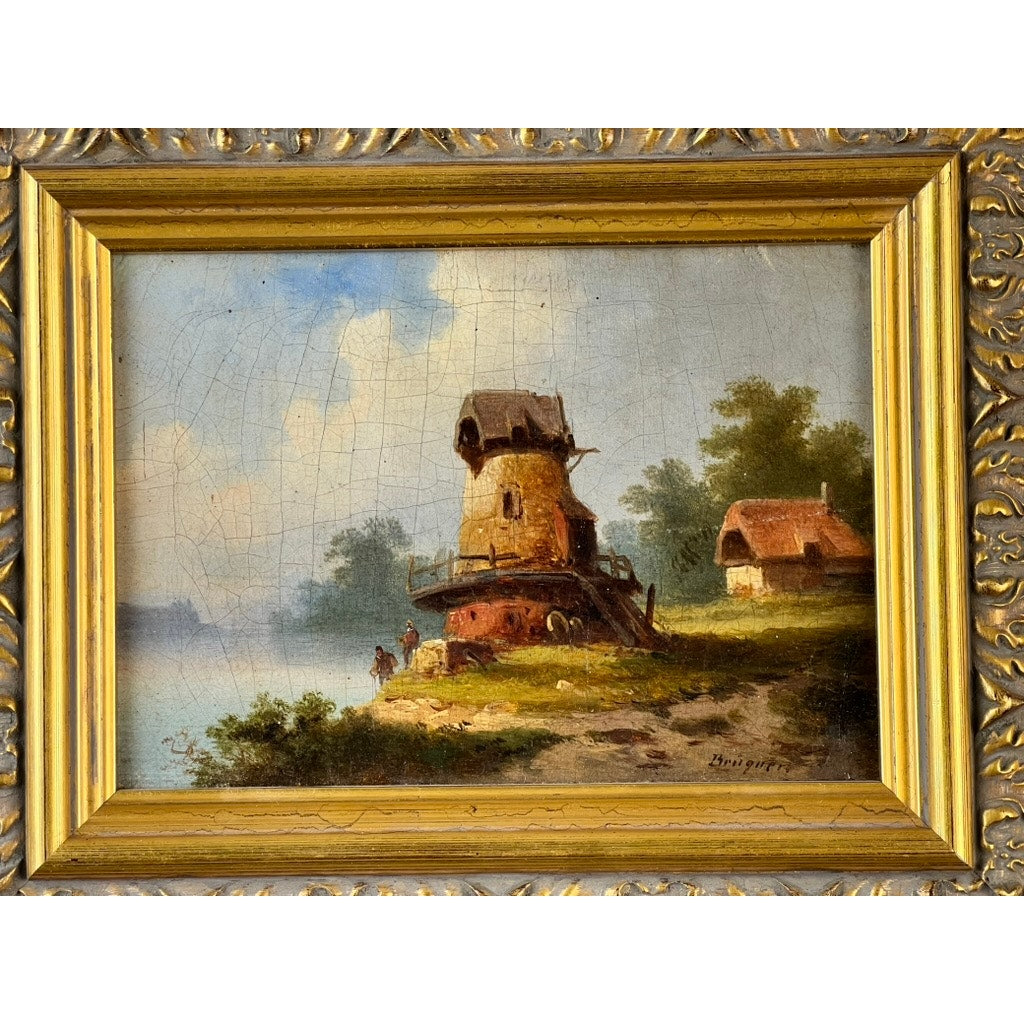Antique Continental School oil on canvas landscape, signed “Brüguer” (circa 1880-1910): a windmill by a riverbank with a person, dog, and thatched-roof cottage—an inviting romantic countryside scene under lightly clouded skies.