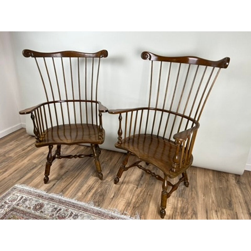 Pair of Stickley cherry Windsor chairs with tall spindle backs and scrolled crests