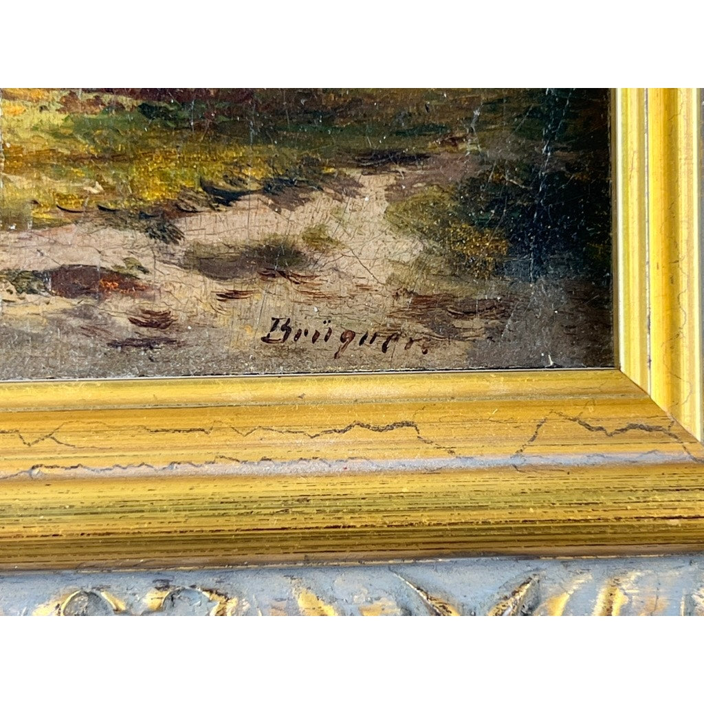Close-up of the bottom right corner of an Antique Continental School oil landscape with windmill, signed “Brüguer” (c.1880-1910), on textured canvas; part of a gold ornate frame is visible.