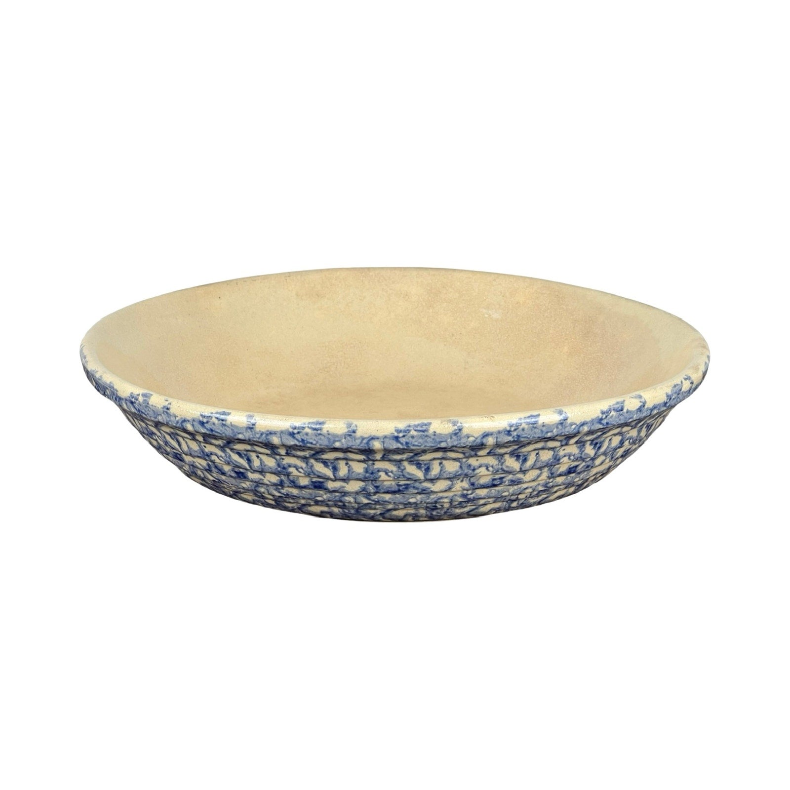 The Robinson Ransbottom Roseville Blue Spongeware Pasta Bowl features a textured blue and white exterior with a beige interior, displayed against a white background.