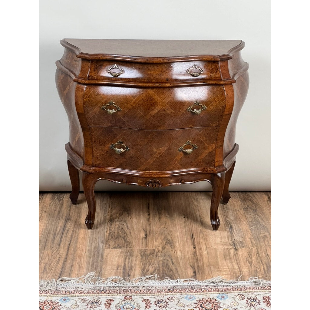 Vintage French Louis XVI Style Walnut Parquet Bombe Chest